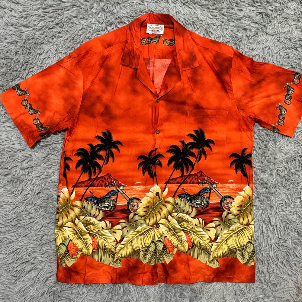 Pacific Legend Motorcycle Rust Cotton Men's Border Hawaiian Shirt